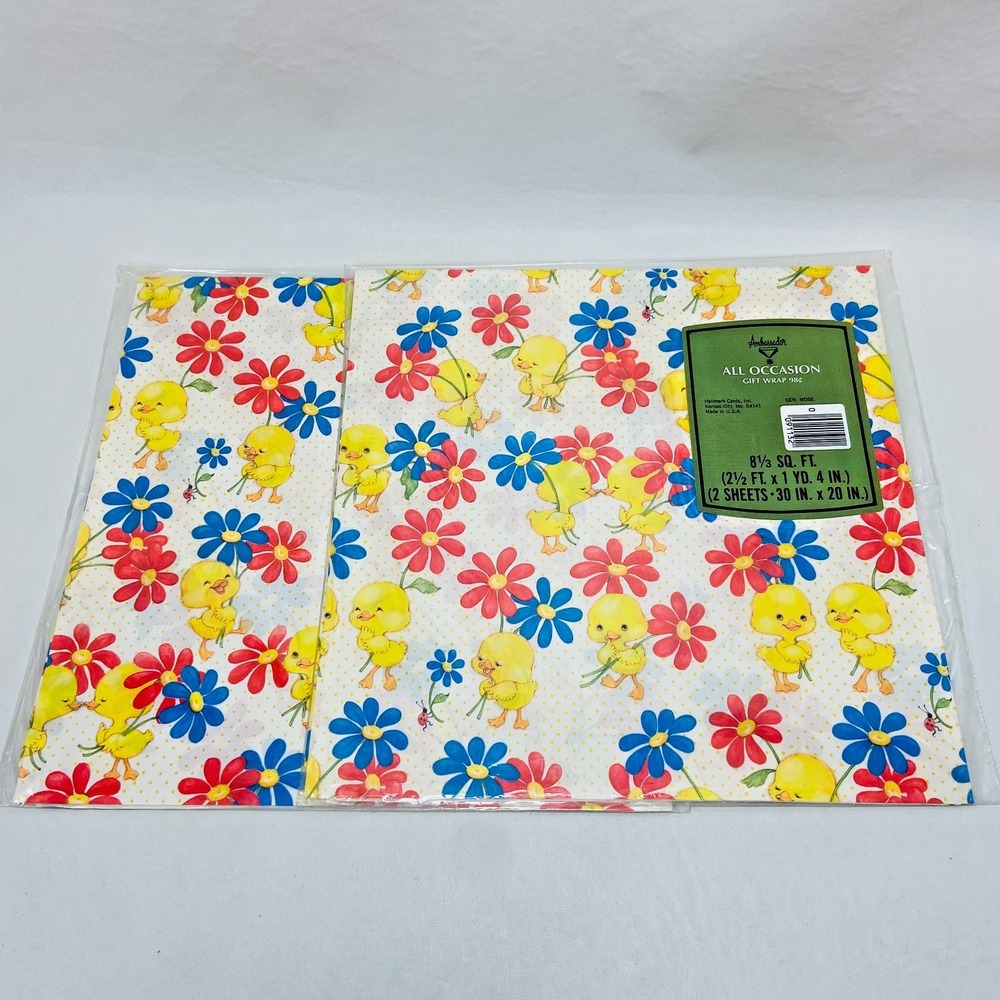 2 VTG NOS Wrapping Paper Hallmark Ambassador Duck Floral 1980s Gift Wrap Yellow